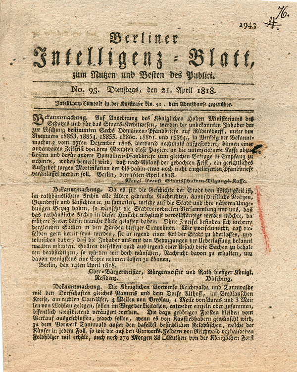 Berliner Intelligenz-Blatt vom 21. April 1818