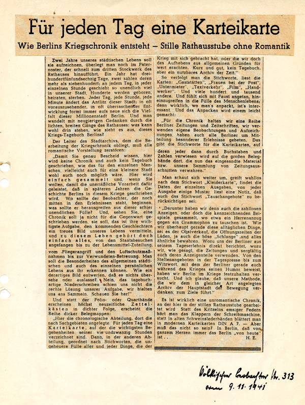 Für jeden Tag eine Karteikarte, Völkischer Beobachter vom 09.11.1941, in: LAB A Rep. 021-02, Nr. 179