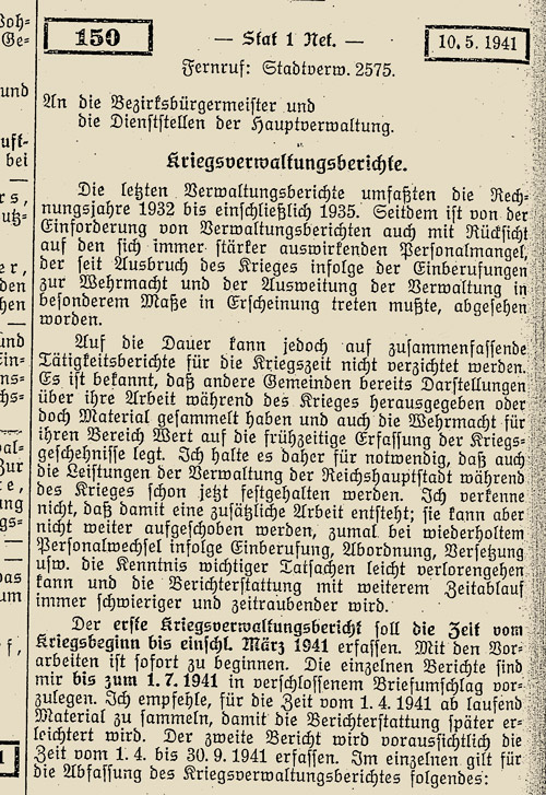 Anweisung zur Anfertigung der Kriegsverwaltungsberichte vom Mai 1941