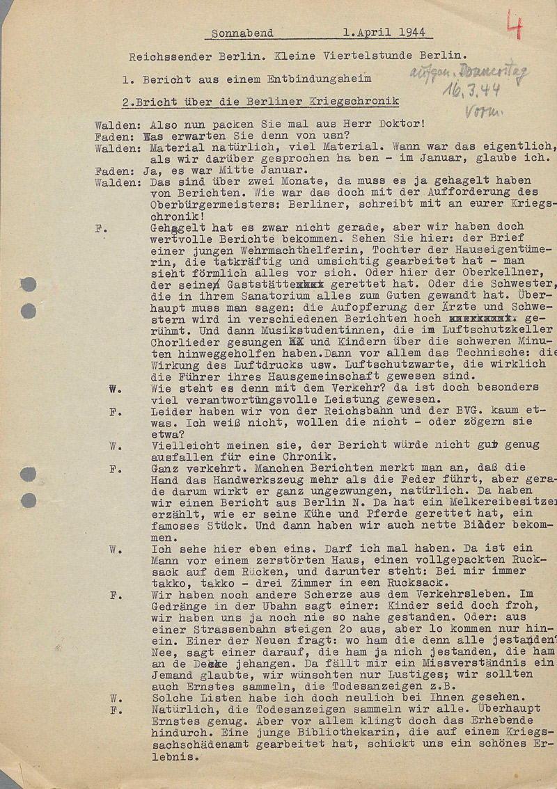 Faden gab der Reichssender Berlin in dessen Reihe „Kleine Viertelstunde Berlin“ im Januar und im April zwei Rundfunkinterviews (Gesprächsmanuskript vom 01.04.1944), in: LAB A Rep. 021-02, Nr. 106
