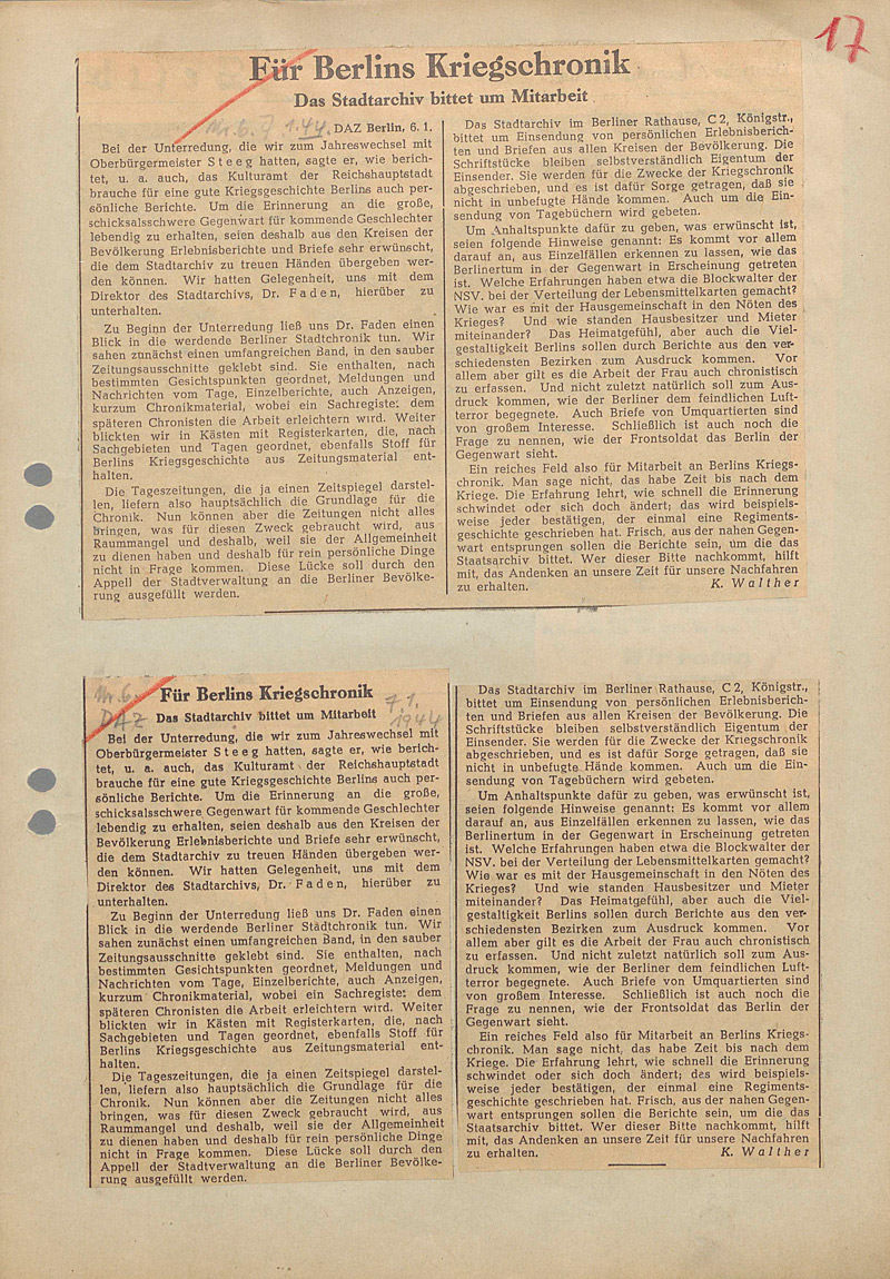 Zeitungsausschnitt DAZ Nr. 6 vom 07.01.1944. In: LAB A Rep. 021-02, Nr. 106