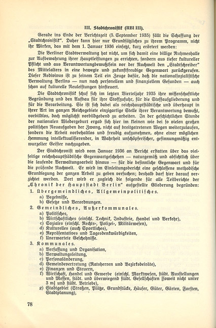 Das Erscheinen des Verwaltungsberichts von 1932–1936 wurde für eine ausführliche Darstellung zur „Stadtchronistik“ genutzt