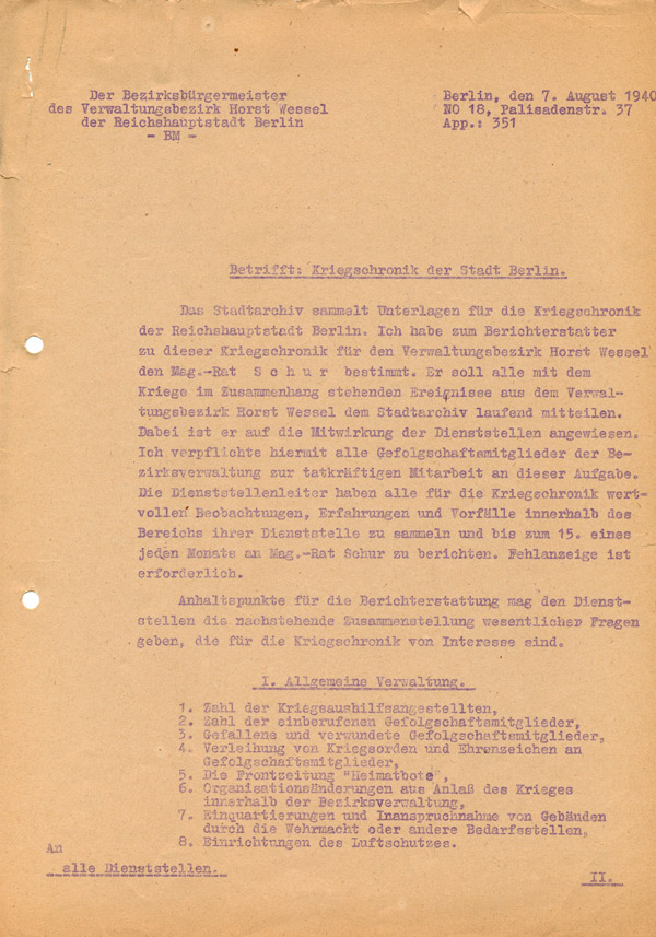 Mitteilung des Bezirksbürgermeisters im Verwaltungsbezirk Horst Wessel vom 07. August 1940